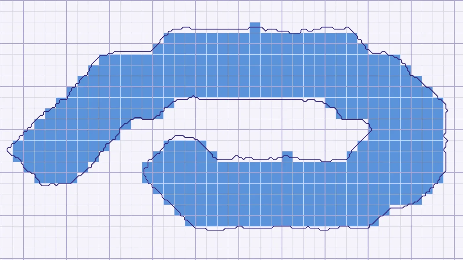 The acid as a blocky bitmap, 4 by 4 cells per map grid square, with the edge DungeonDraft draws traced over it