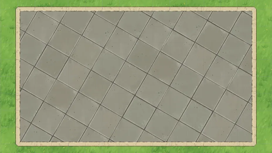 A stone floor of randomized tiles, scaled up and rotated inside a room