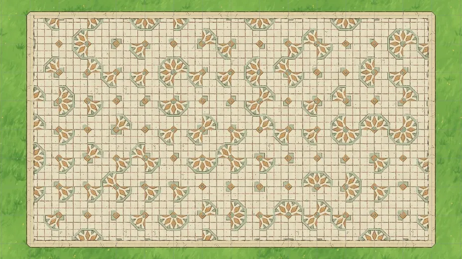 The seamless mosaic cut into a 4x4 grid and scattered: broken rosettes everywhere