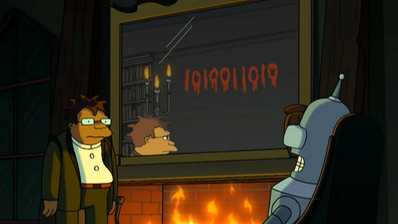 Bender from Futurama, in a dark room by the fire, staring at 1s and 0s written in red on a mirror