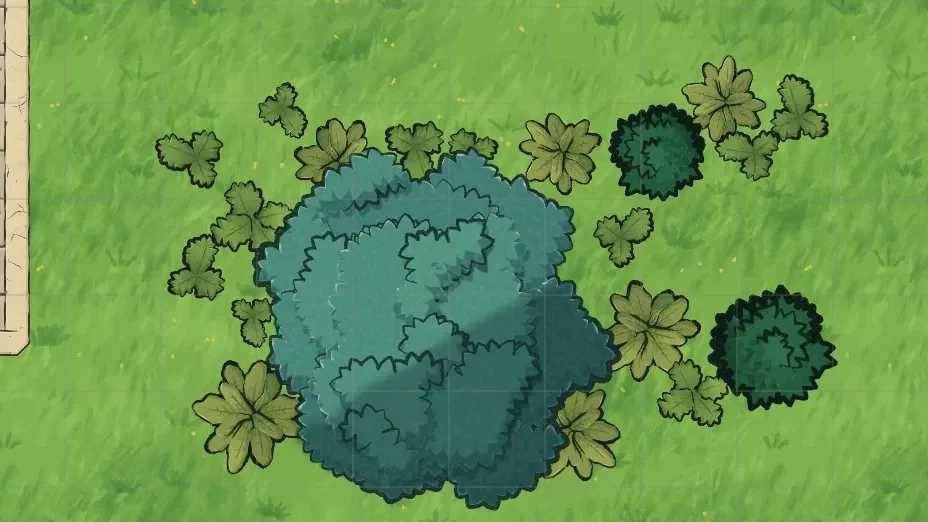 A scatter area of bushes and shrubs on grass beside a stone room