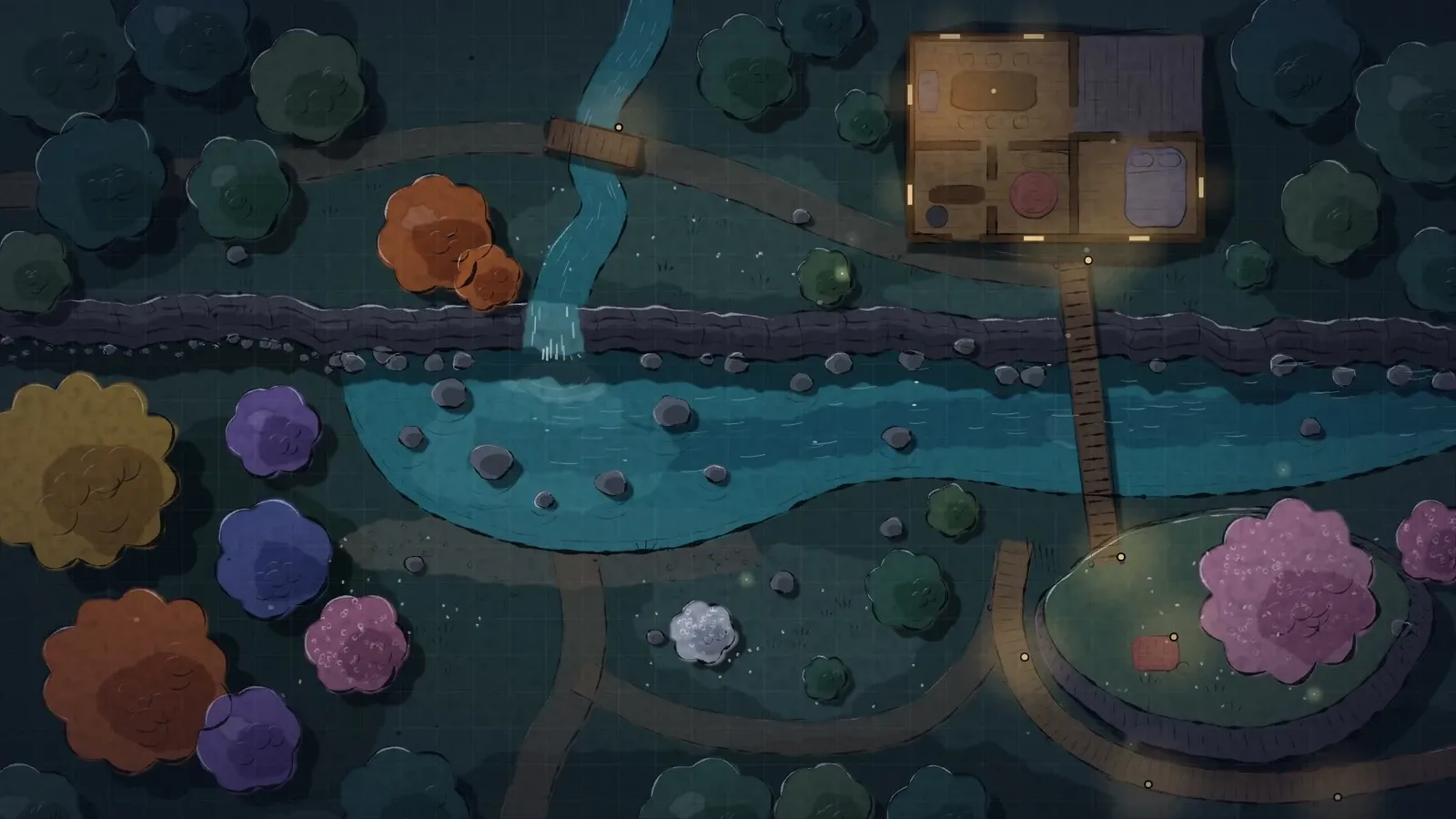 A night battlemap with a river, a waterfall, a cabin and colorful trees