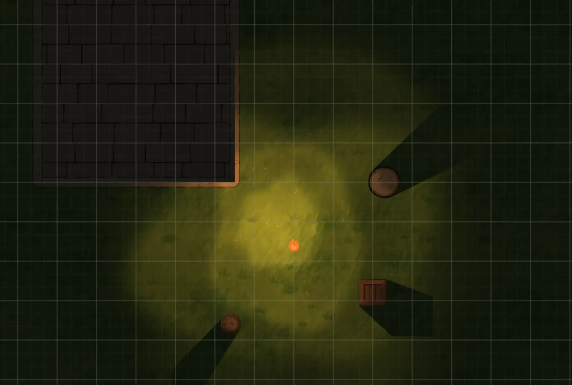 A torch at night beside a stone building, with a crate, a barrel and a pillar each throwing a shadow away from the flame