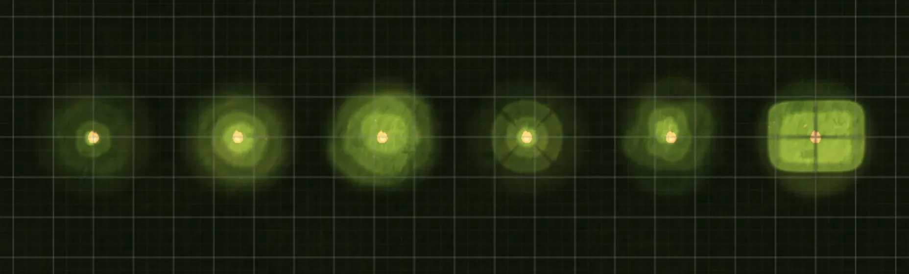 Six light shapes in a row: candle, glow, hearth, lantern, torch and window