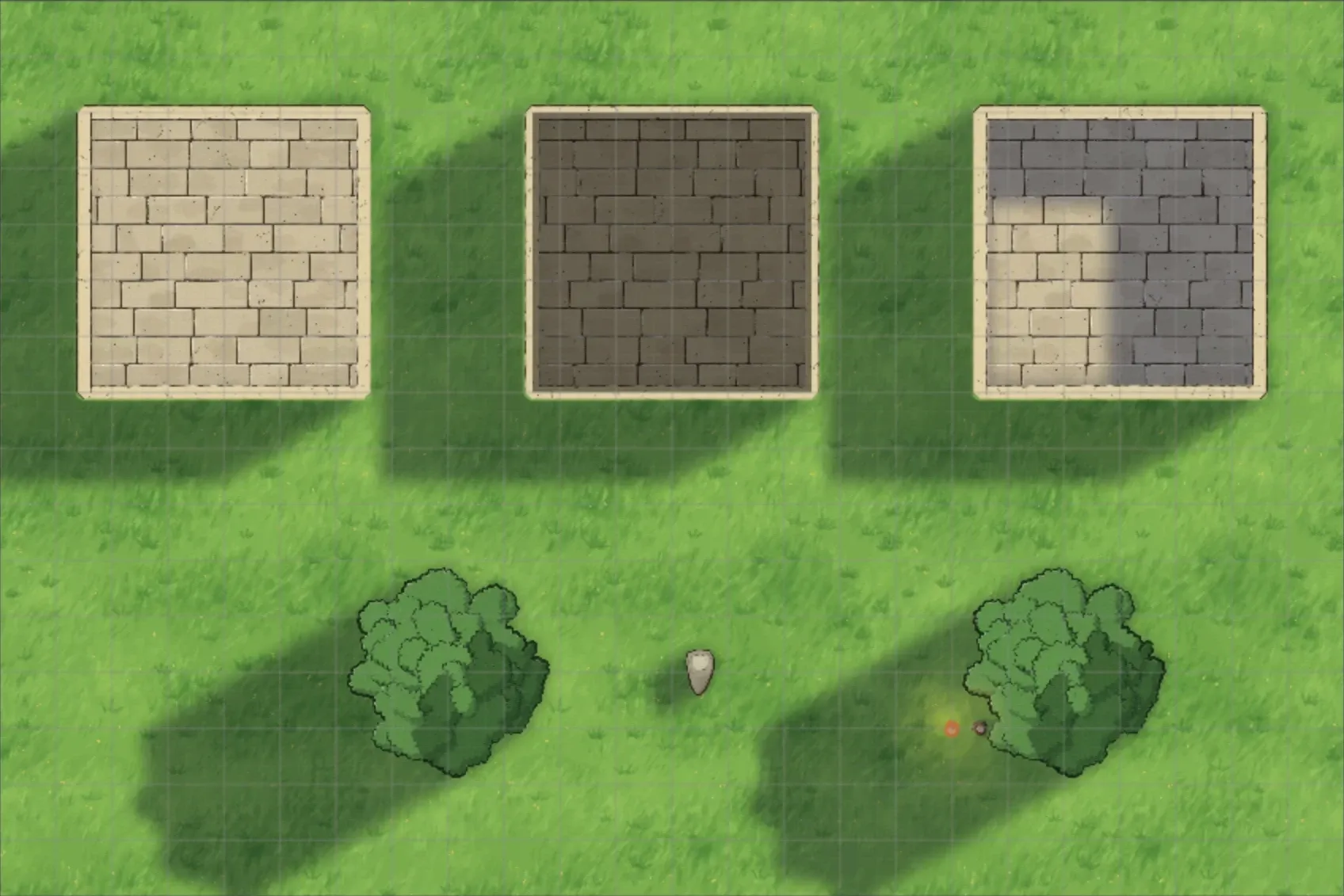 Three stone rooms and two trees in daylight, all casting soft shadows in the same direction from the sun